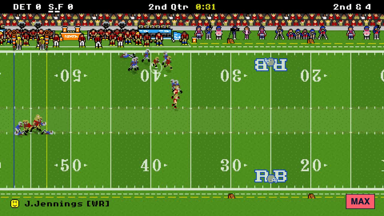 A Retro Bowl multiplayer game: a receiver breaks free downfield on a 57-yard touchdown against MAX difficulty